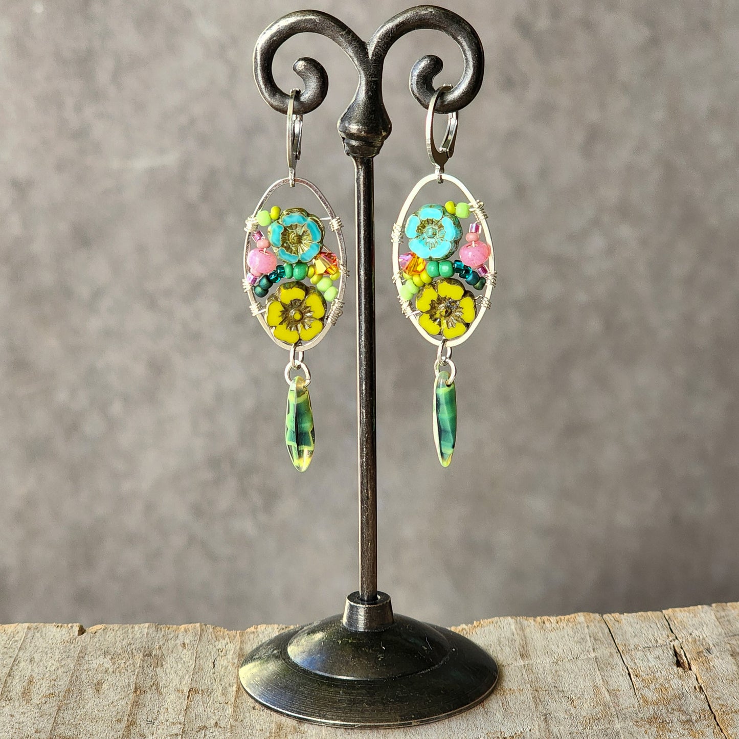 Dangle Earrings - Czech glass flowers, Swarovski, Japanese seed beads woven onto silver oval hoop. Stainless steel euro wires. Length about 2.25"