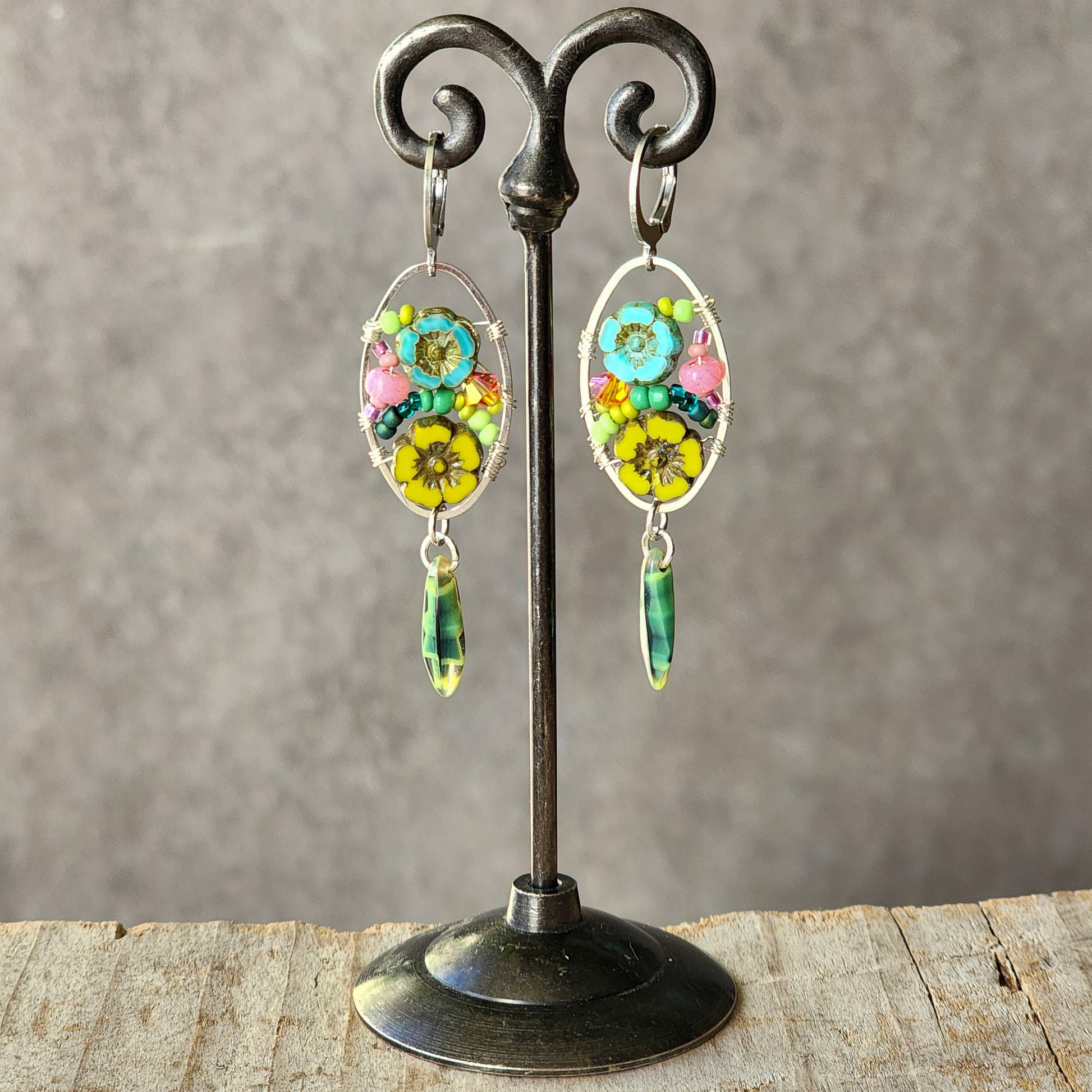 Dangle Earrings - Czech glass flowers, Swarovski, Japanese seed beads woven onto silver oval hoop. Stainless steel euro wires. Length about 2.25"