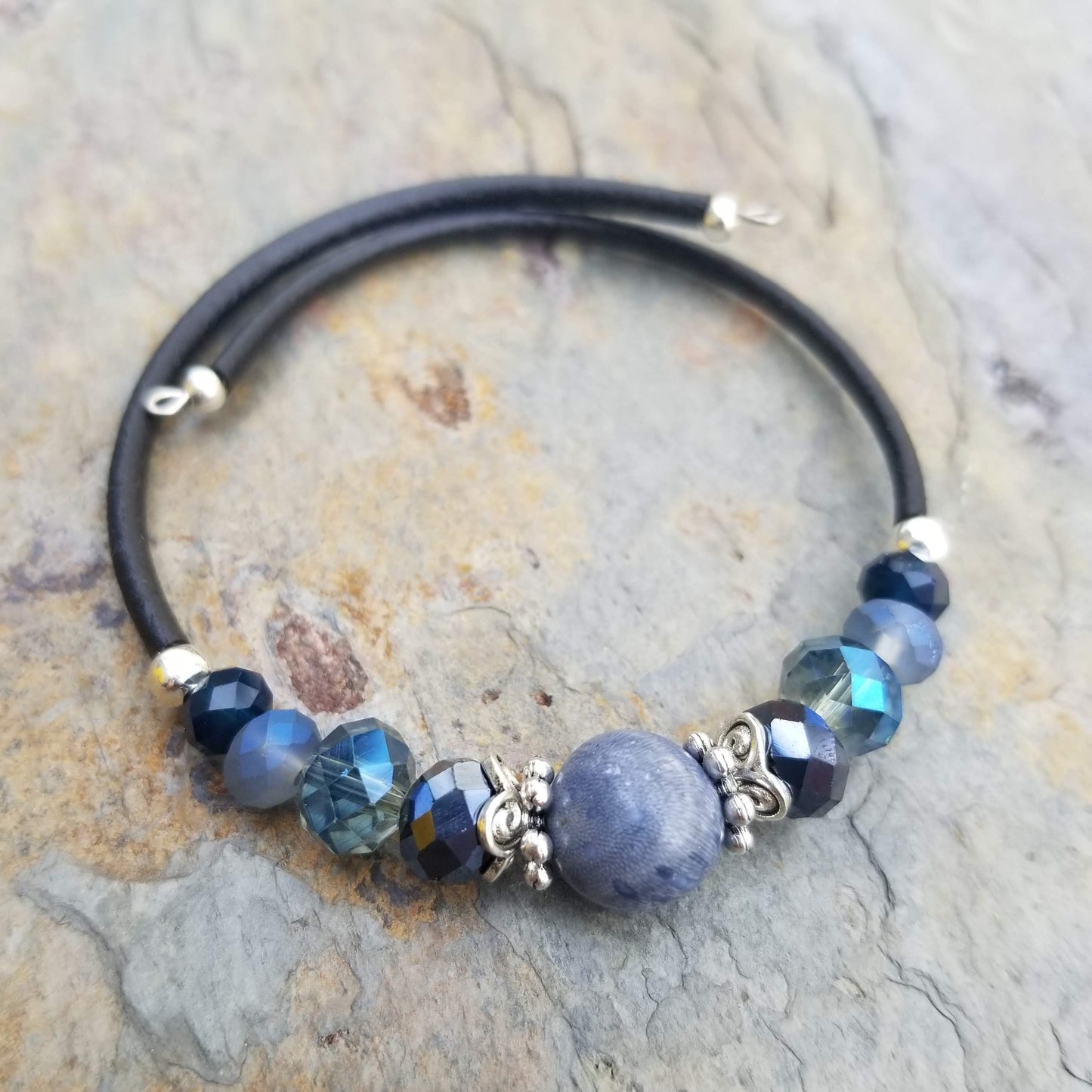 Wrap Bracelet and Earring Set - 10 mm round blue coral bead with mix blue glass beads