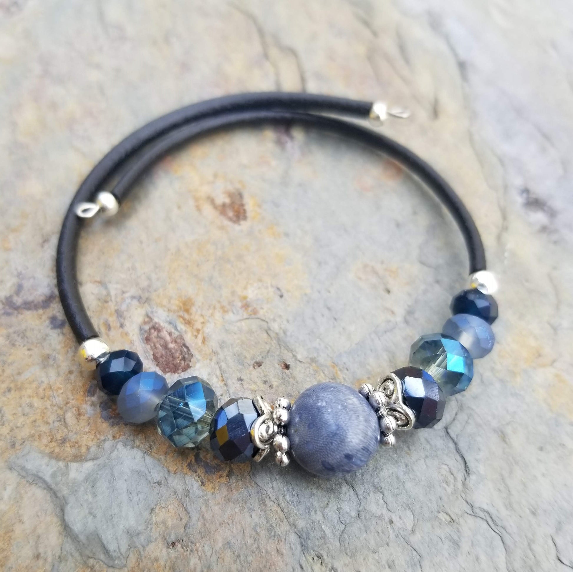 Wrap Bracelet and Earring Set - 10 mm round blue coral bead with mix blue glass beads