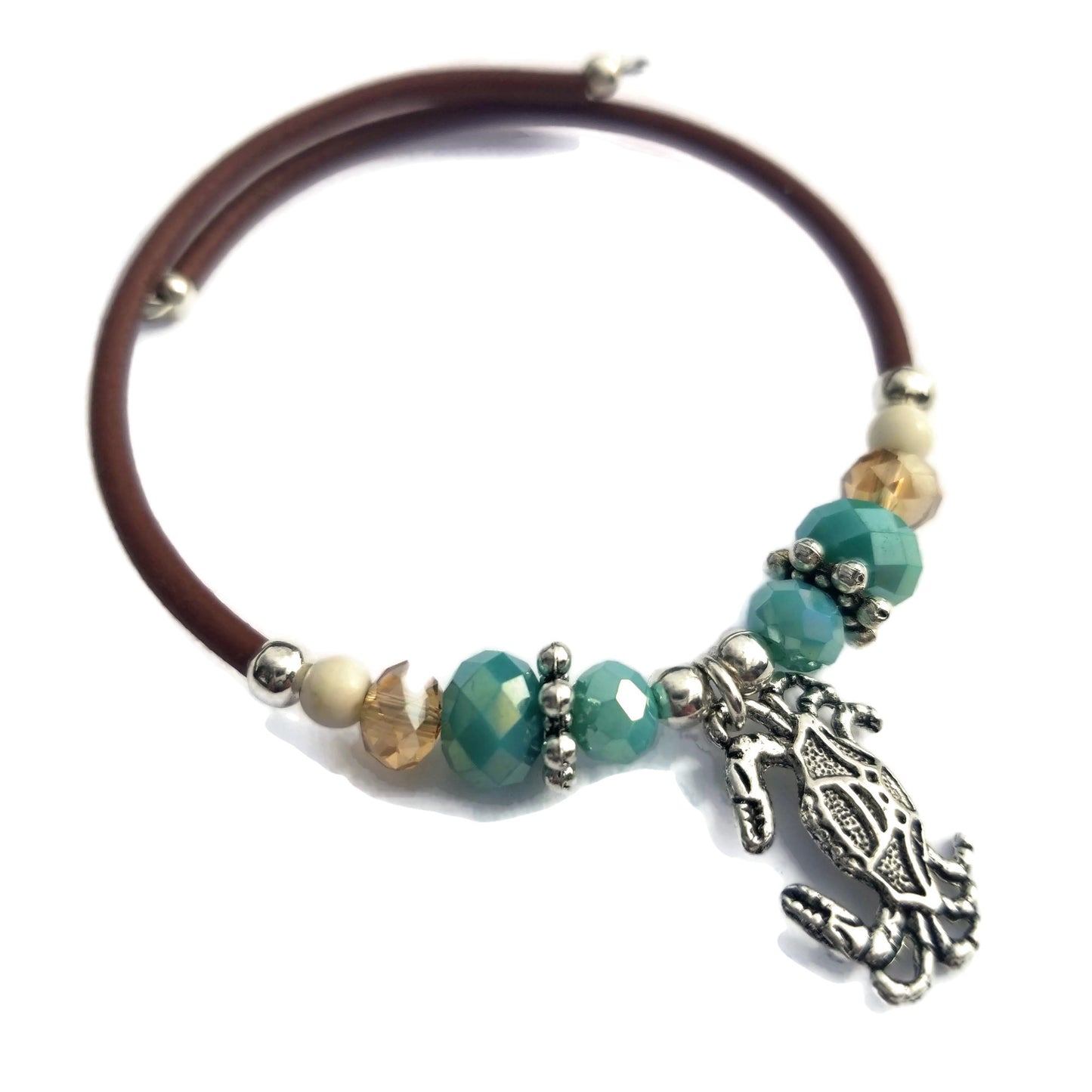 Wrap Bracelet - crab pewter charm with mix aqua and sandy colored beads