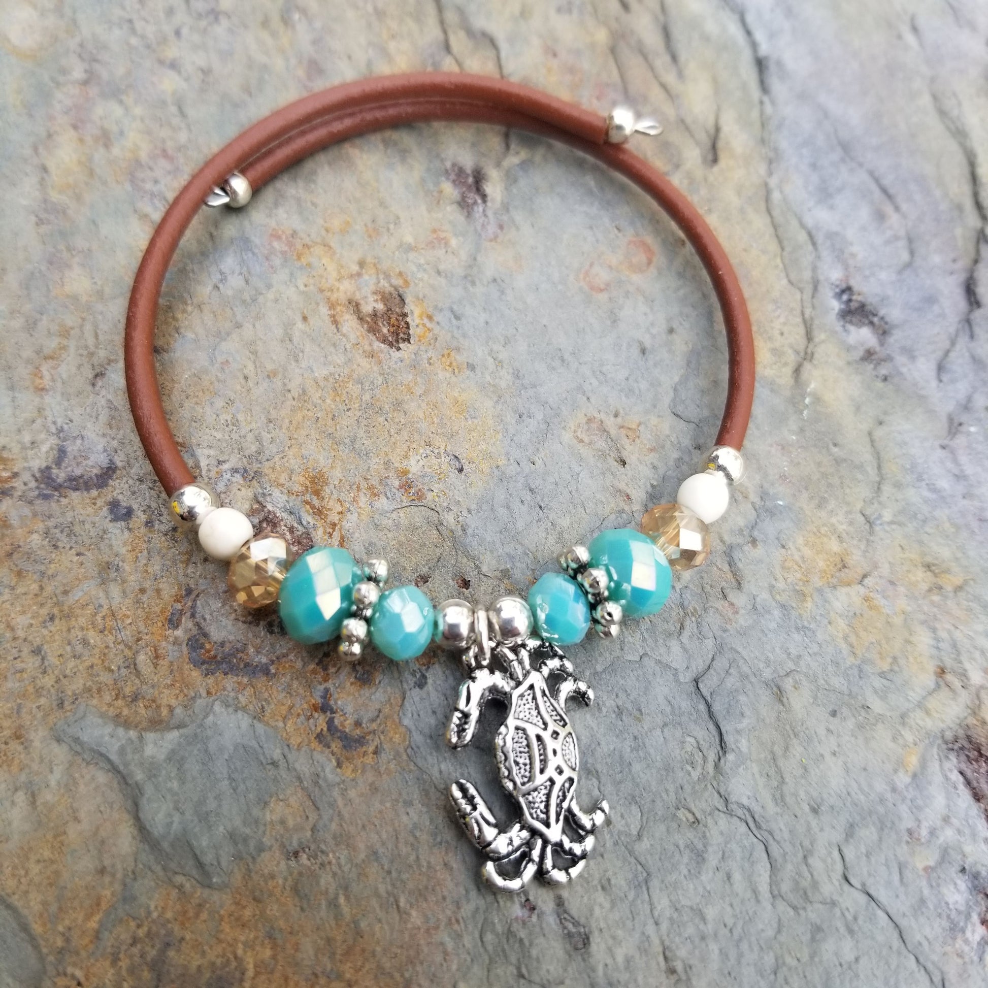 Wrap Bracelet - crab pewter charm with mix aqua and sandy colored beads