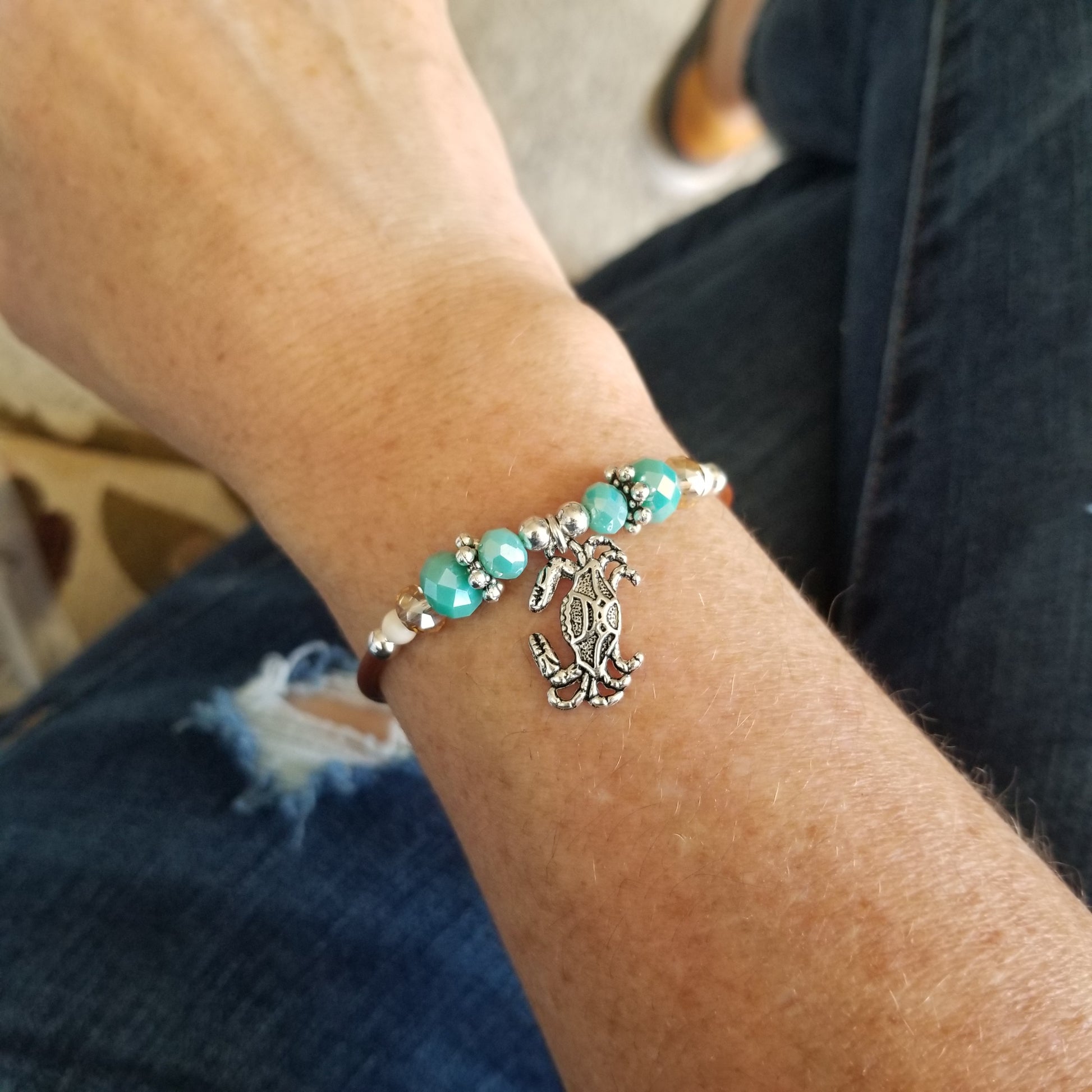 Wrap Bracelet - crab pewter charm with mix aqua and sandy colored beads