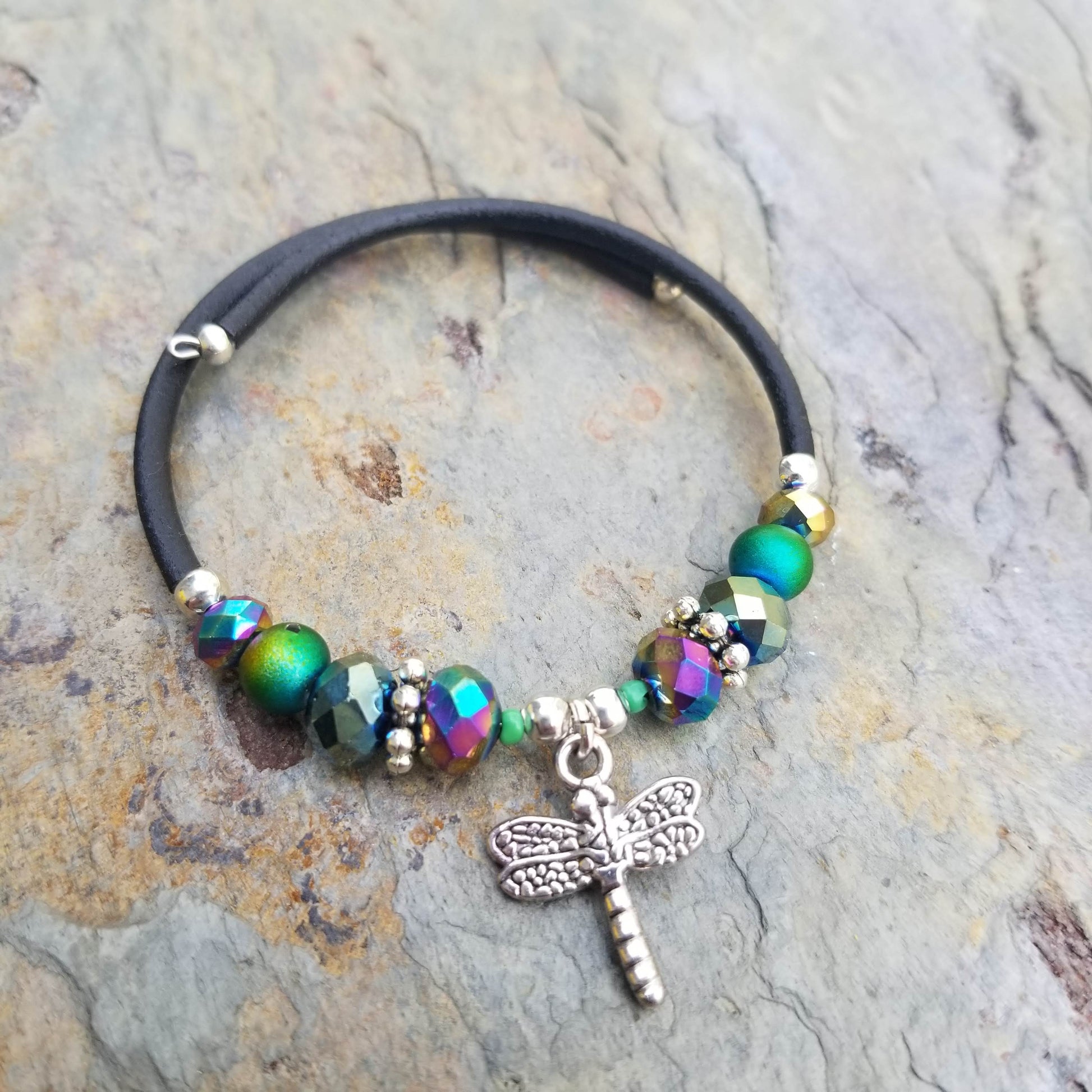dragonfly charm and iridescent glass beads wrap bracelet