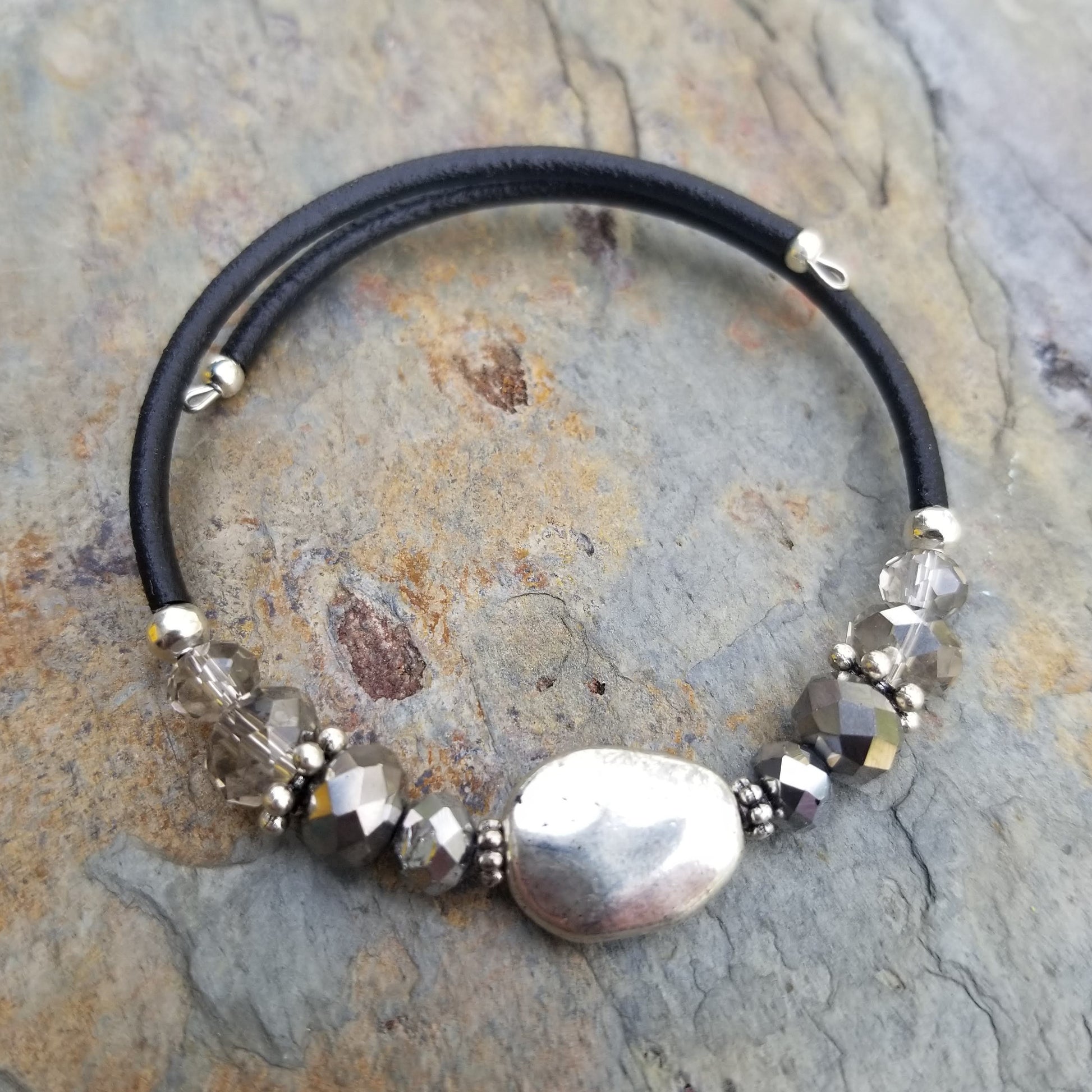 Silver organic shaped oval charm with coordinating glass beads wrap bracelet