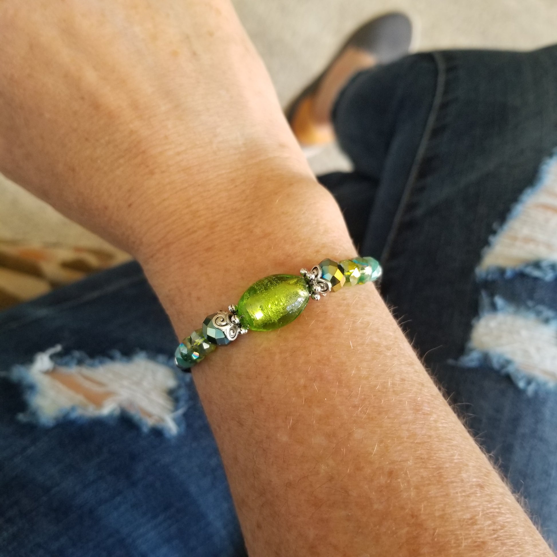Wrap Bracelet - bright green glass over foil center bead with mix green iris and aqua glass beads