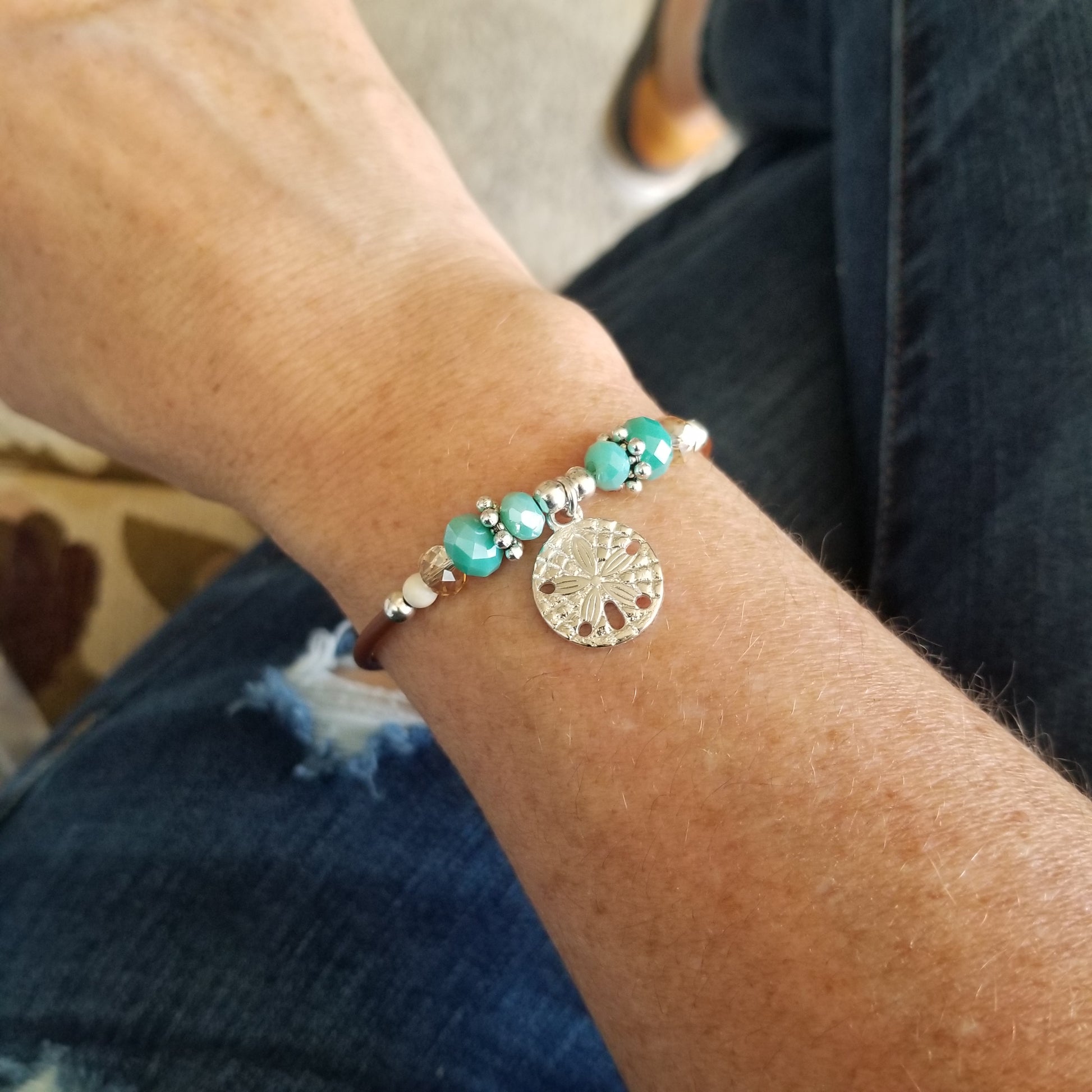 Wrap Bracelet - sand dollar pewter charm with mix aqua and sandy colored beads