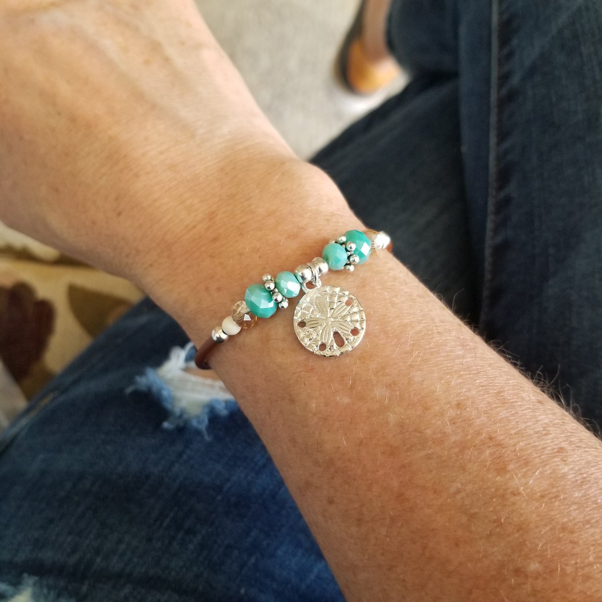 Wrap Bracelet - sand dollar pewter charm with mix aqua and sandy colored beads