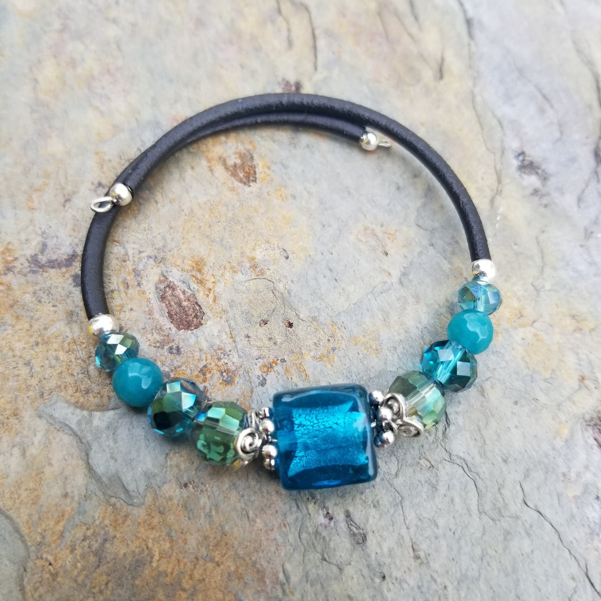 teal foil glass with coordinating beads wrap bracelet