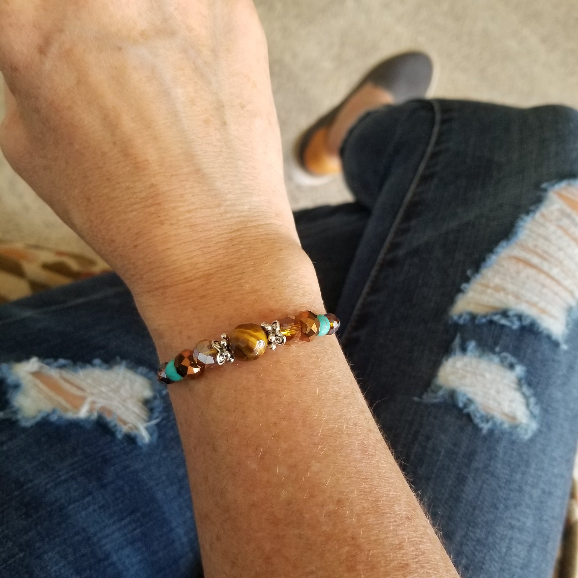 tiger eye and turquoise beads wrap bracelet on wrist