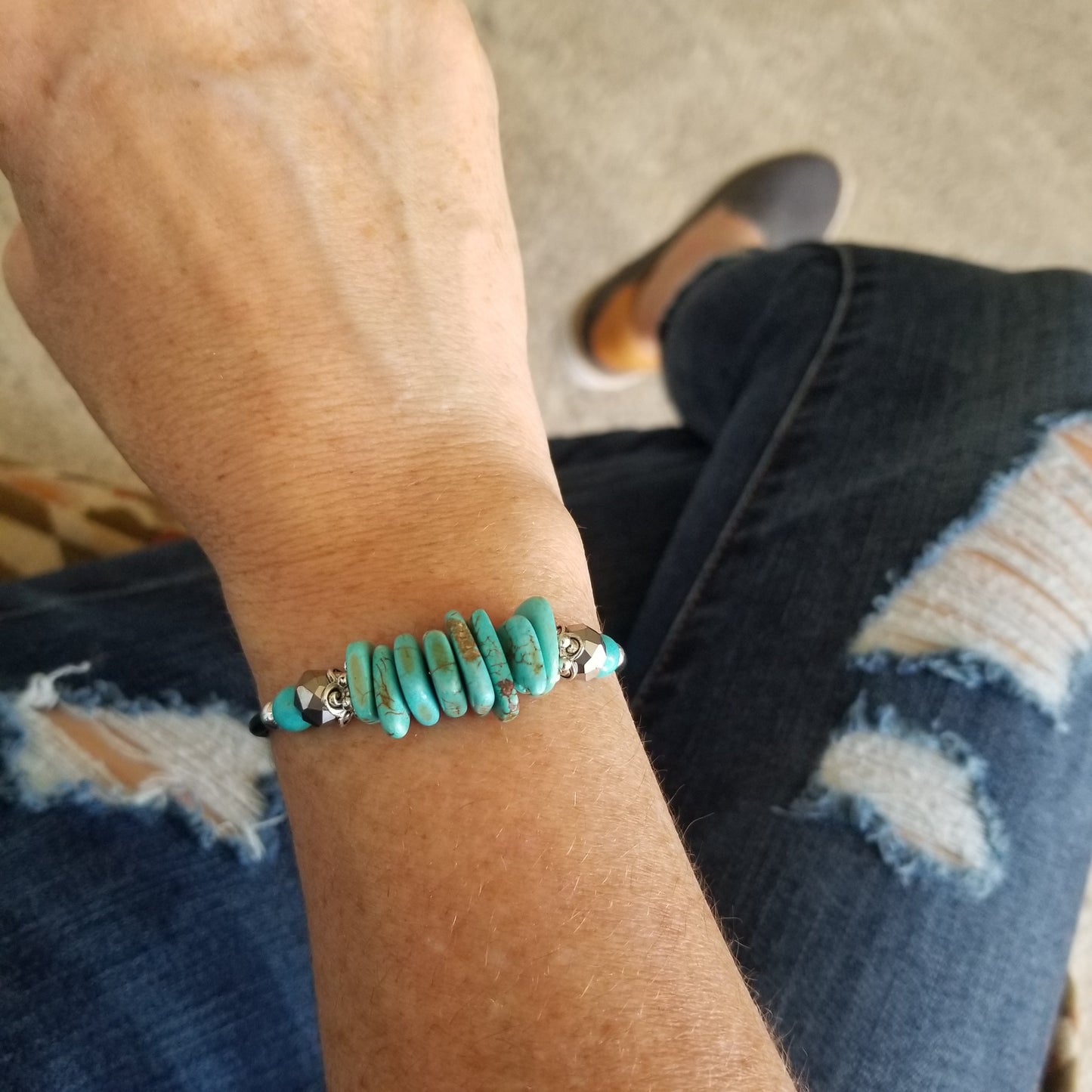 turquoise slice beads wrap bracelet on wrist