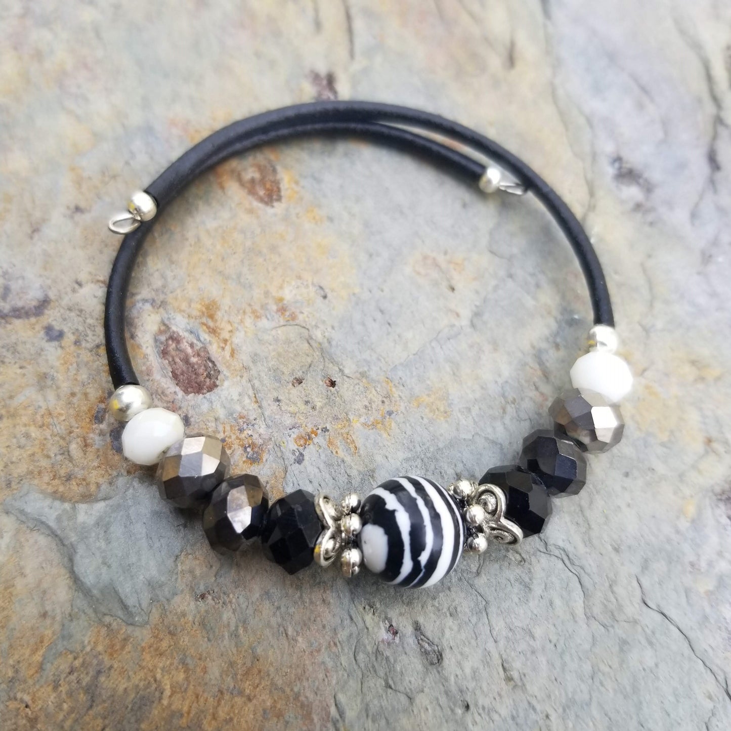 black and white striped bead with coordinating glass beads wrap bracelet